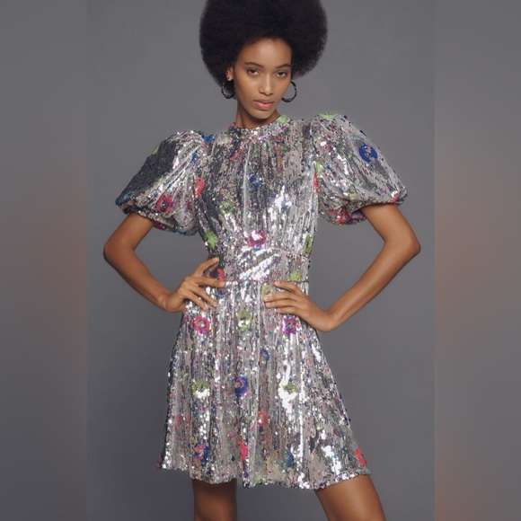 Anthropologie Celia B Wonderer Puff-Sleeve Sequin Mini Dress - Picture 1 of 9